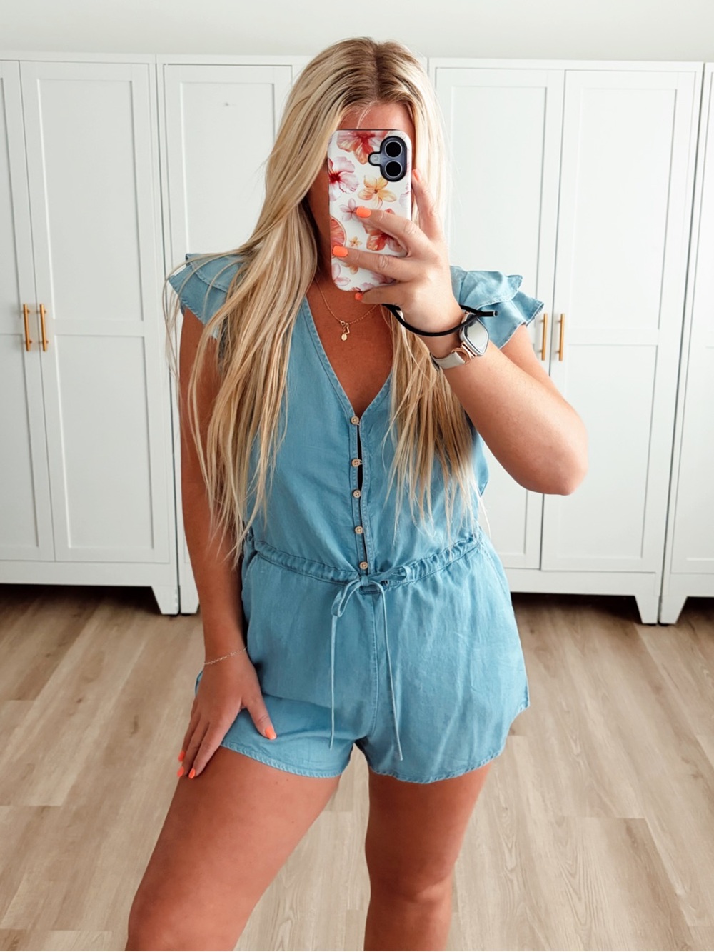 Blue denim jean ruffle short romper